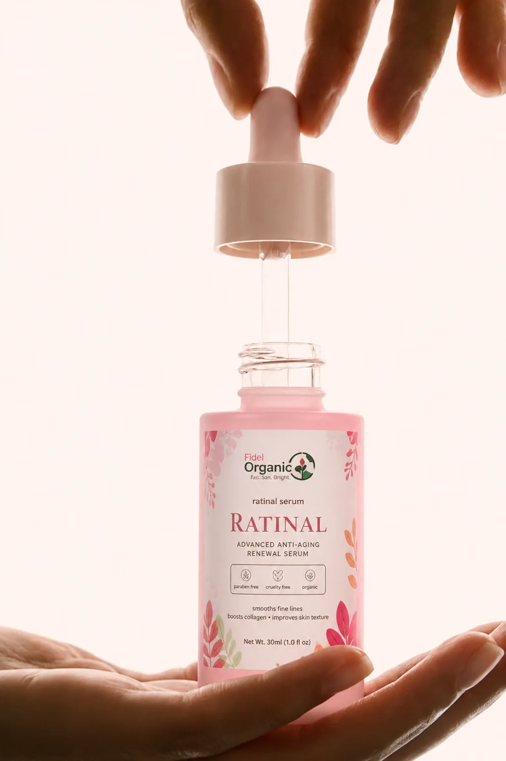 Woman with glowing natural skin applying organic serum